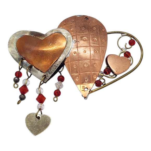 Unknown Jewelry - Vintage BIG Multi Puffy Heart Dangle Brooch Pin Red Beads Mixed Metal Handmade